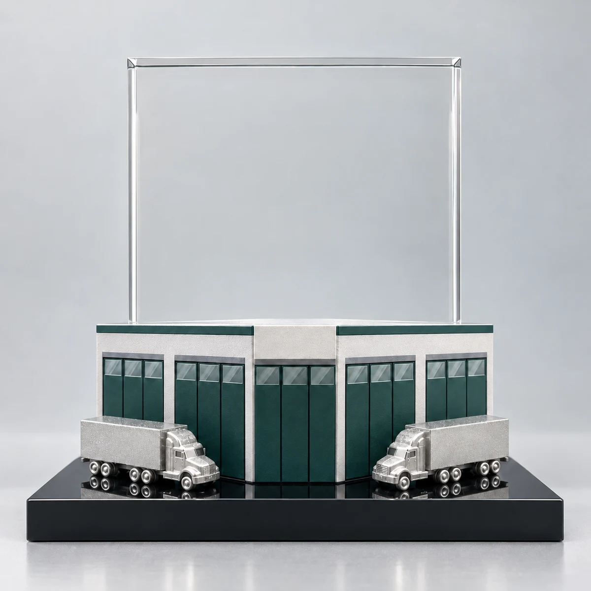 A warehouse facade and miniature trucks tell the story of the asset.