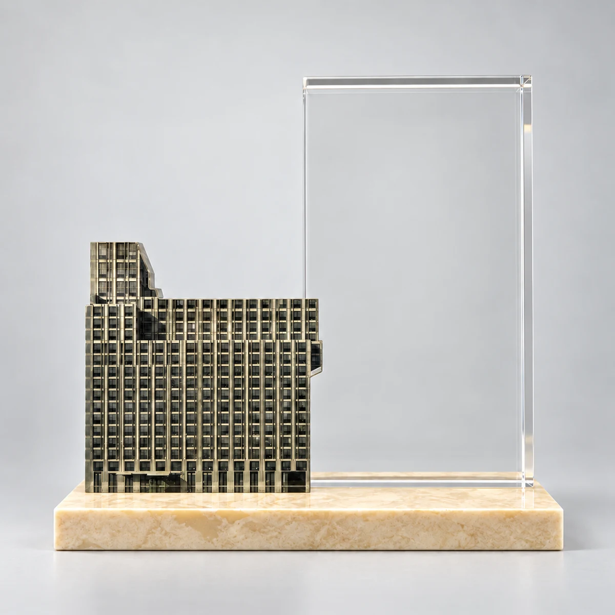 A sculptural high-rise paired with a clear dedication panel.