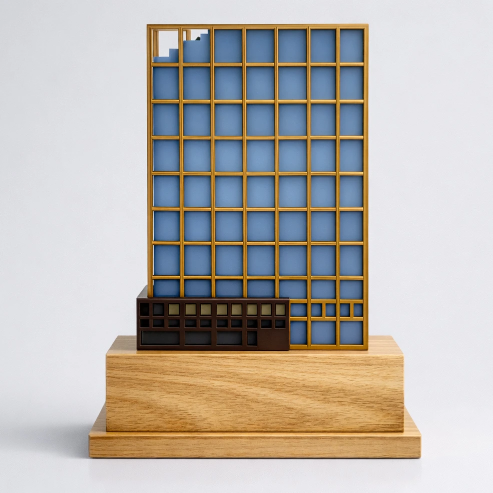 Blue and gold architectural building award on a wood base
